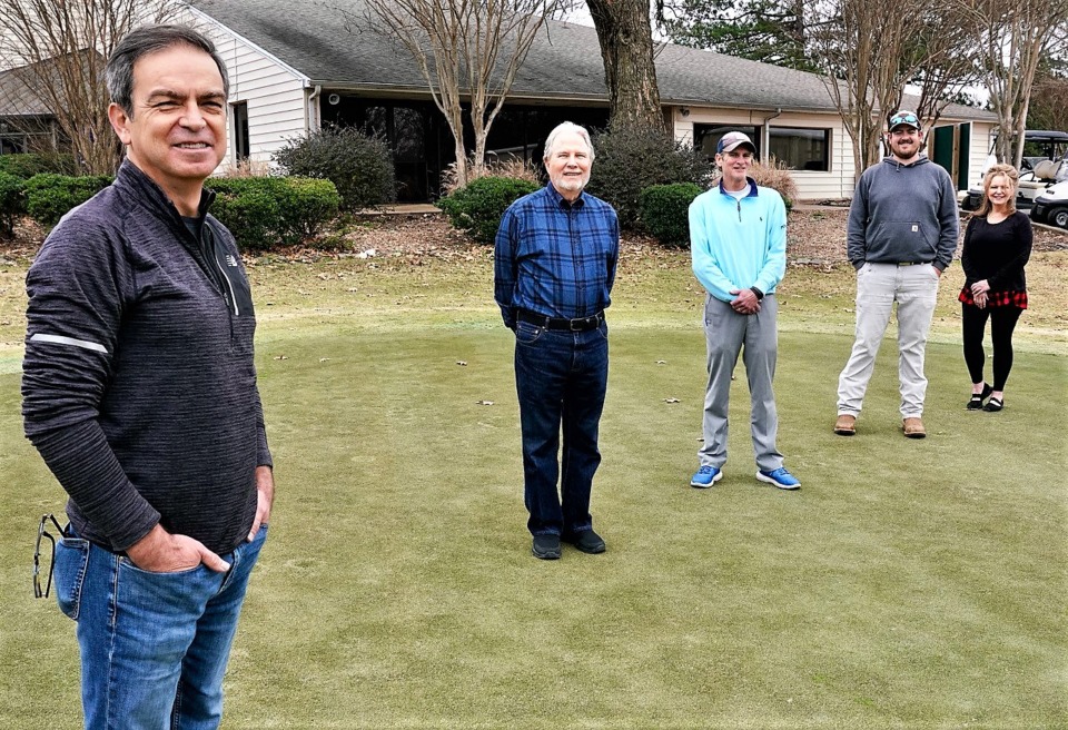 <strong>Jose Nunez (from left), managing partner for the new owners of Lakeland Golf &amp; Paddle Club, with general manager Bob McNair, head golf professional Robert Jackins, greens superintendent Kyle Talley, and Theresa Webb, food and beverage manager.</strong> (Tom Bailey/Daily Memphian)