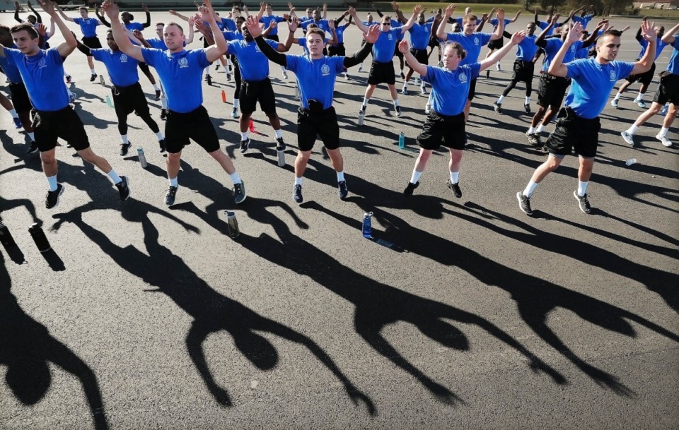 <strong>Memphis police recruits (in a file photo) work through physical training at the John Holt Police Training Academy.</strong> (Jim Weber/Daily Memphian)