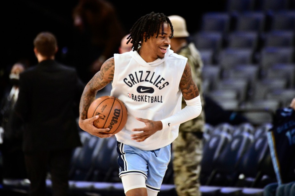 <strong>Memphis Grizzlies guard Ja Morant warms up before an NBA basketball game against the Atlanta Hawks Friday, Nov. 26, 2021, in Memphis, Tennessee.</strong> (AP Photo/Brandon Dill)