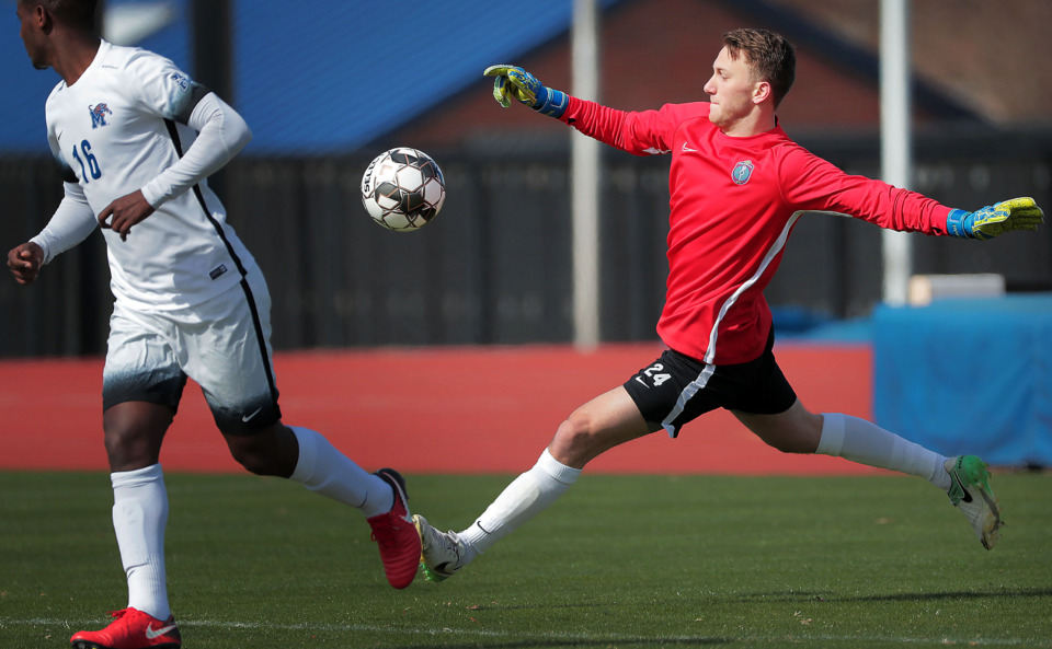 <strong>Memphis 901 FC Goalie Scott Levene clears the ball under pressure by University of Memphis midfielder Atakelti Gebregzabher during an exhibition game against the Tigers soccer team at the University of Memphis south campus on Feb. 9, 2019.</strong> (Jim Weber/Daily Memphian file)