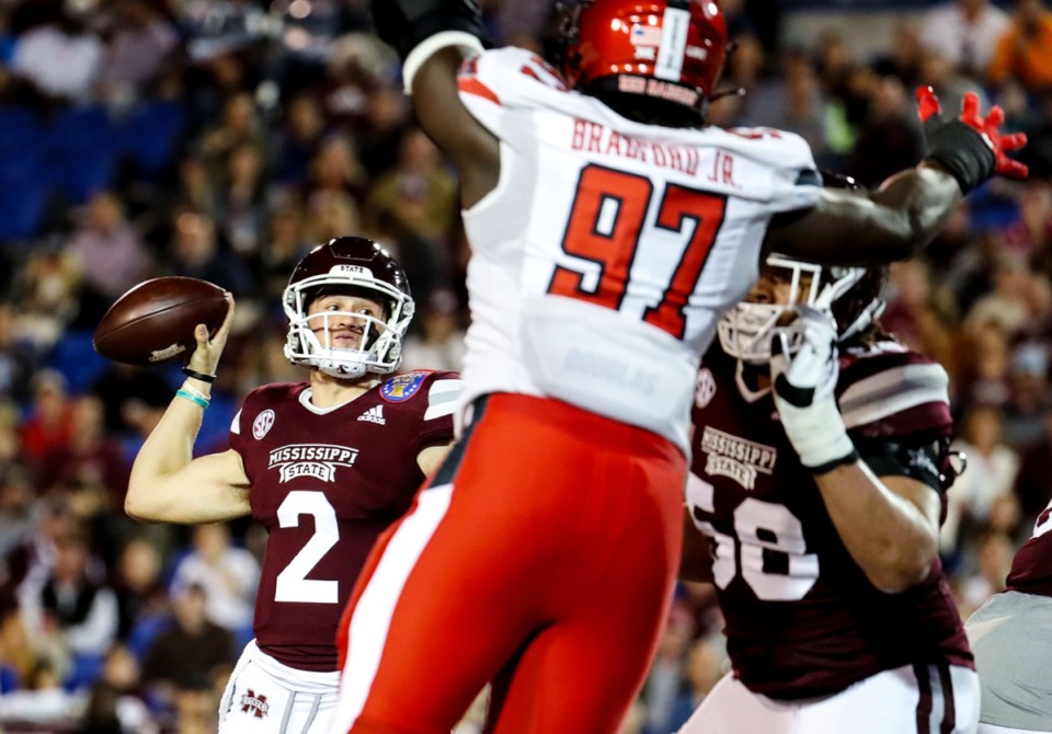 <strong>Mississippi State University quarterback Will Rodgers (2) throws the ball over a Texas Tech defender during the 63rd AutoZone Liberty Bowl on Dec. 28, 2021.</strong> (Patrick Lantrip/Daily Memphian)