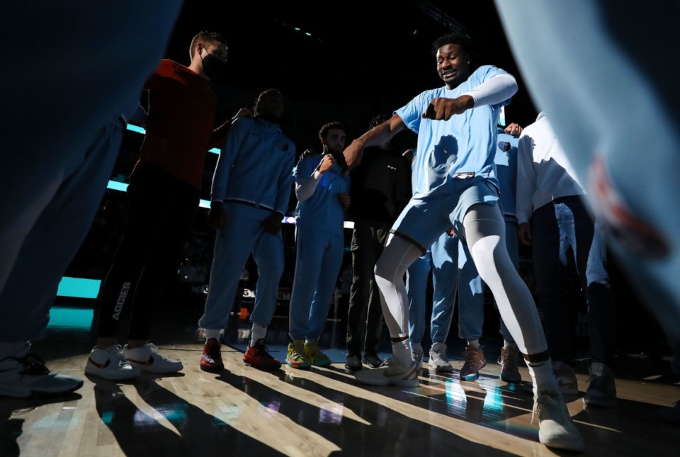 <strong>Grizzlies forward Jaren Jackson Jr. (13) dances in the huddle before the Dec. 29, 2021, game against the Los Angeles Lakers at FedExForum.</strong> (Patrick Lantrip/Daily Memphian)