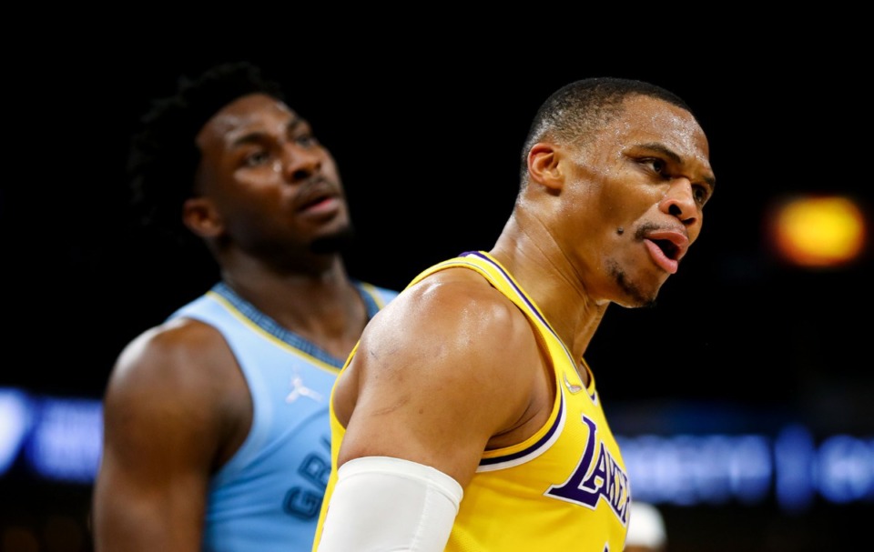 <strong>Los Angeles Lakers guard Russell Westbrook (0) recacts to a call during the Dec. 29 game against the Memphis Grizzlies at FedExForum.</strong> (Patrick Lantrip/Daily Memphian)