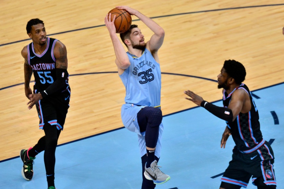 <strong>Memphis Grizzlies center Killian Tillie (35), seen here on May 14,&nbsp;has received a two-year deal worth $4 million.</strong> (Brandon Dill/AP file)