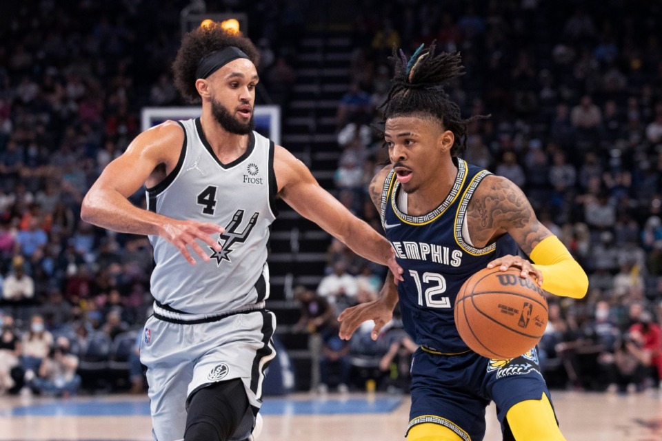 <strong>San Antonio Spurs guard Derrick White (4) defends as Memphis Grizzlies guard Ja Morant (12) dribbles the ball during the second half of an NBA basketball game Friday, Dec. 31, 2021, in Memphis, Tennessee.</strong> (AP Photo/Nikki Boertman)
