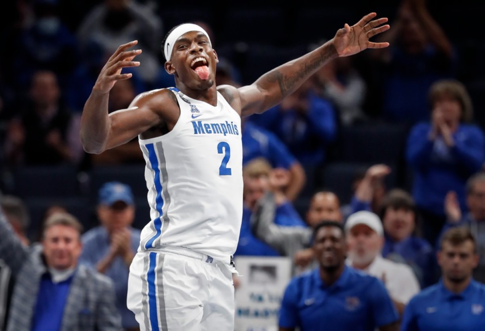<strong>Memphis Tigers center Jalen Duren celebrates against the Tennessee Tech defense during action on Tuesday, Nov. 9, 2021.</strong> (Mark Weber/The Daily Memphian)