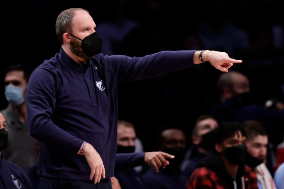 <strong>Memphis Grizzlies head coach Taylor Jenkins directs his team against the Brooklyn Nets during the first half Monday, Jan. 3, in New York.</strong>&nbsp;<strong>Jenkins was named the NBA&rsquo;s Coach of the Month on Tuesday, Jan. 4.</strong>&nbsp;(Adam Hunger/Associated Press)