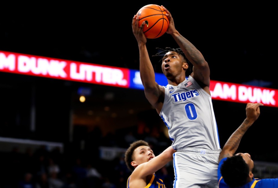 <strong>University of Memphis guard Earl Timberlake (0) goes up for a layup on Jan. 4 against the University of Tulsa at FedExForum.</strong> (Patrick Lantrip/Daily Memphian)