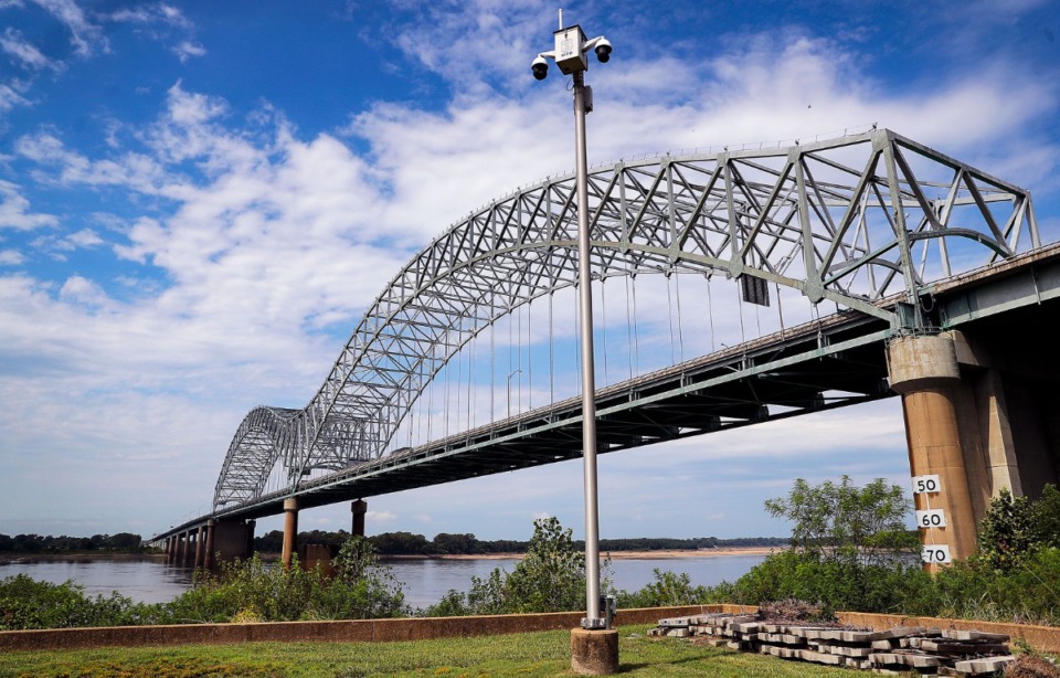 <strong>A Sky Cop unit sits on Mud Island in front of the Hernando DeSoto Bridge in September 2021.</strong> (Patrick Lantrip/Daily Memphian file)