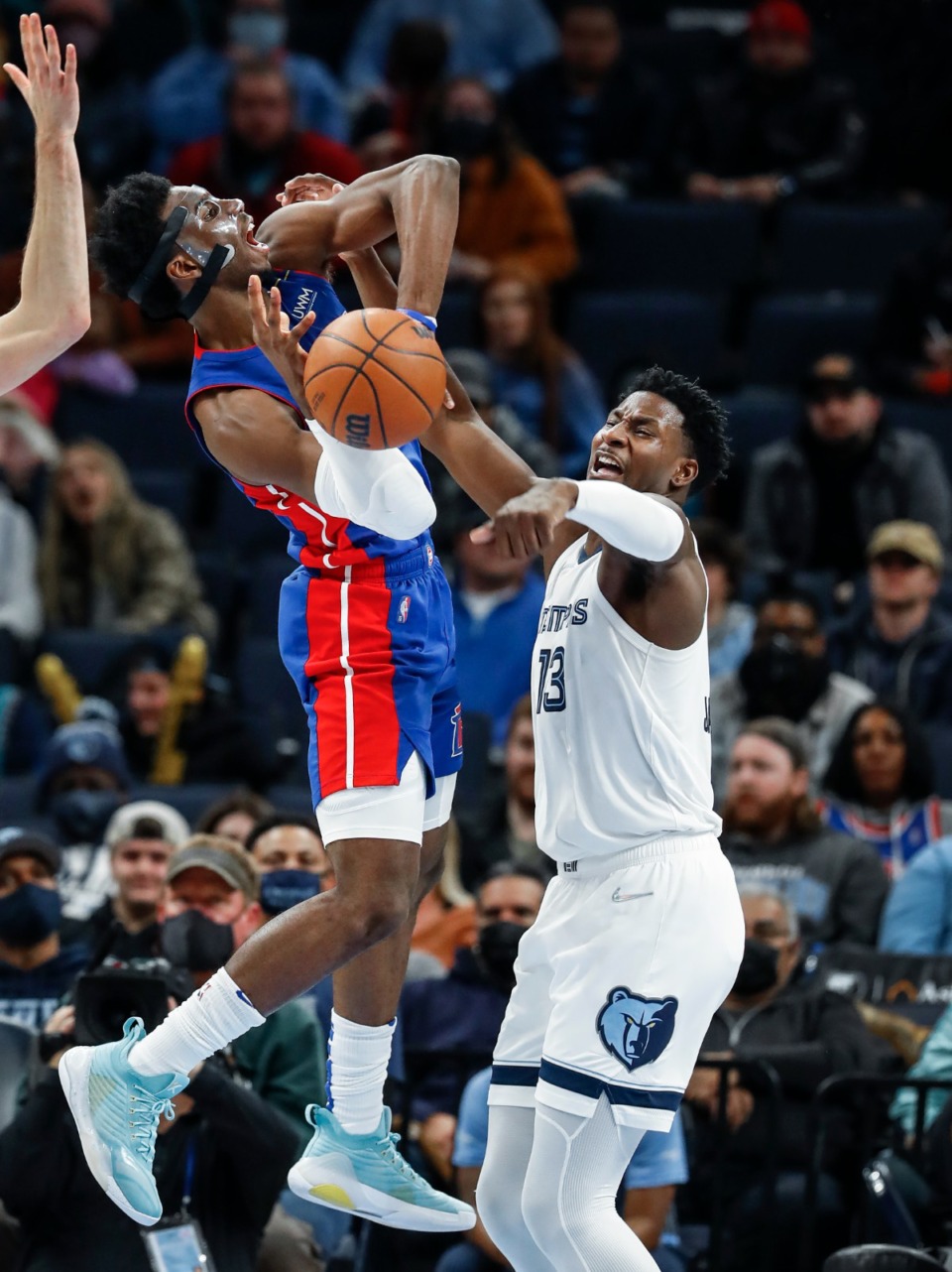 <strong>Grizzlies defender Jaren Jackson Jr. (right), strips the ball away from Detroit Pistons guard Hamidou Diallo (left) on Thursday, Jan. 6, 2022.</strong> (Mark Weber/The Daily Memphian)