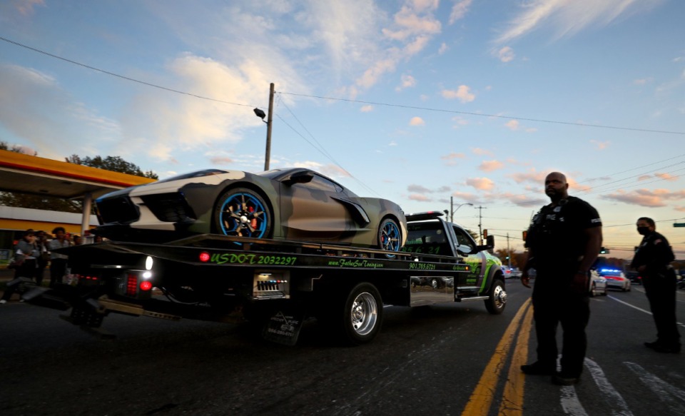 <strong>The car of Young Dolph was towed down Airways Boulevard after the rapper was killed at a cookie store in November.</strong> (Patrick Lantrip/Daily Memphian file)