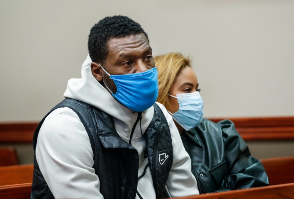 <strong>Former Memphis Grizzlies player Tony Allen (left) appeared in a Collierville courtroom with his wife Desiree Allen on Tuesday, Jan. 11, 2022, where charges of domestic assault and domestic vandalism were dismissed against him.</strong> (Mark Weber/The Daily Memphian)