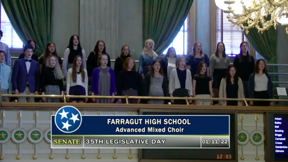 <strong>High school students from Farragut, a suburb of Knoxville, sing the Star-Spangled Banner in the balcony of the state Senate chamber Tuesday, Jan. 11, on the first day of this year&rsquo;s legislative session.</strong> (Screenshot from capitol.tn.gov livestream)