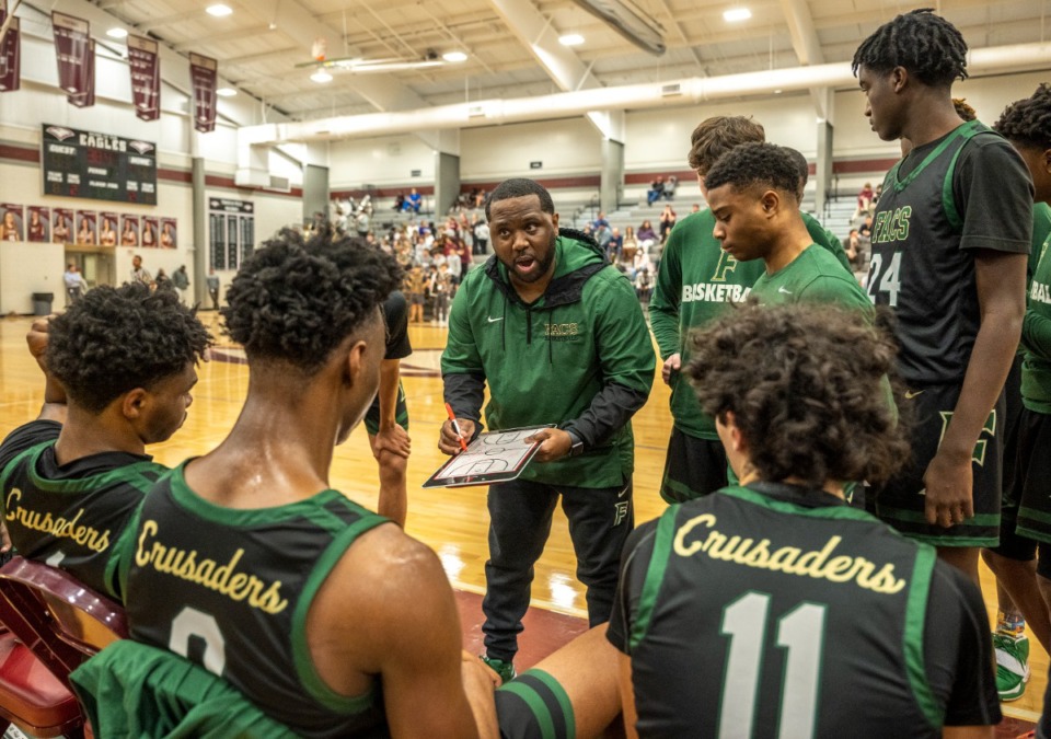 <strong>FACS coach Dee Wilkes gives instructions to his players during the game against ECS on Jan. 11.</strong> (Greg Campbell/Special to The Daily Memphian)