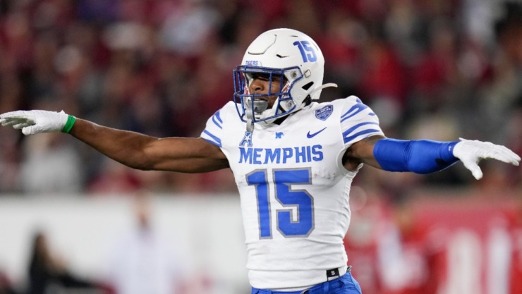 Memphis defensive back Quindell Johnson reacts after Houston place kicker Dalton Witherspoon missed a field goal attempt during the first half of an NCAA college football game, Friday, Nov. 19, 2021, in Houston. (AP Photo/Eric Christian Smith)