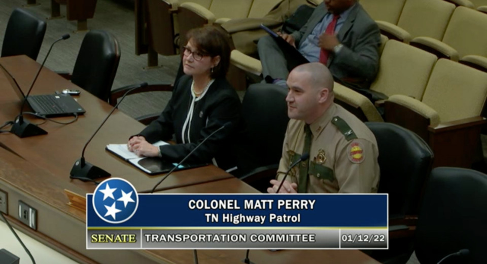 <strong>Tennessee Highway Patrol Colonel Matt Perry speaks to a state Senate committee on Wednesday, Jan. 12. Perry said in order to get a handle on highway speeding, &ldquo;We&rsquo;re gonna hire a whole lot of troopers in a short period.&rdquo;</strong> (Screenshot from General Assembly live stream)