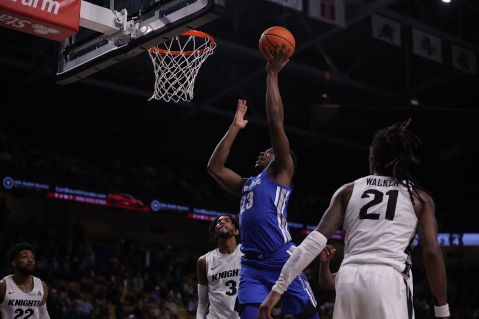 <strong>Memphis Tigers center Malcolm Dandridge (23) goes up for a shot over UCF&rsquo;s C.J. Walker (21) on Jan. 12 in Florida.</strong> (Courtesy UCF Athletics)