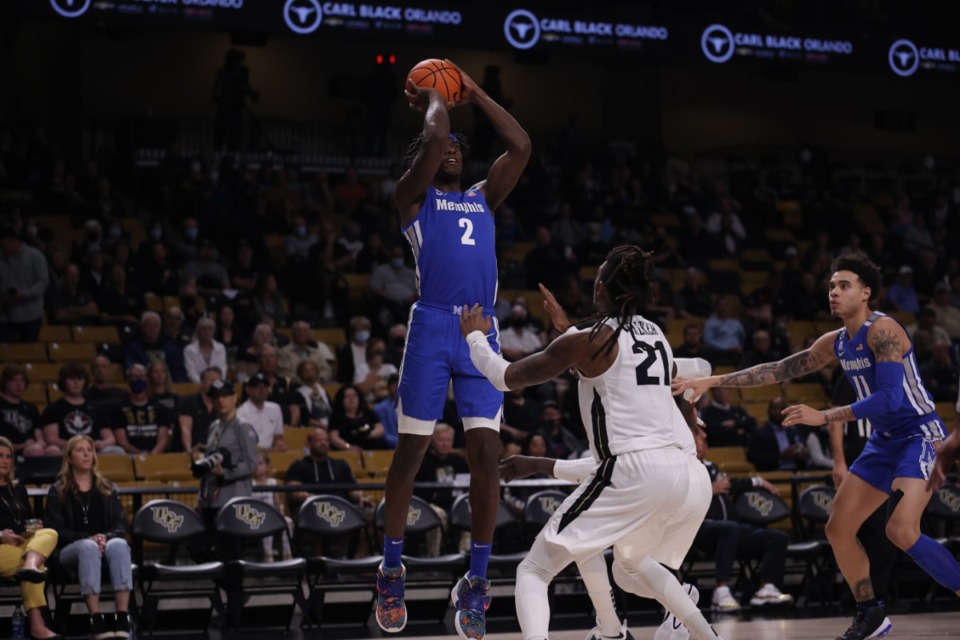 <strong>Memphis Tigers center Jalen Duren (2) shoots over UCF&rsquo;s C.J. Walker (21) on Jan. 12 in Florida.</strong> (Courtesy UCF Athletics)