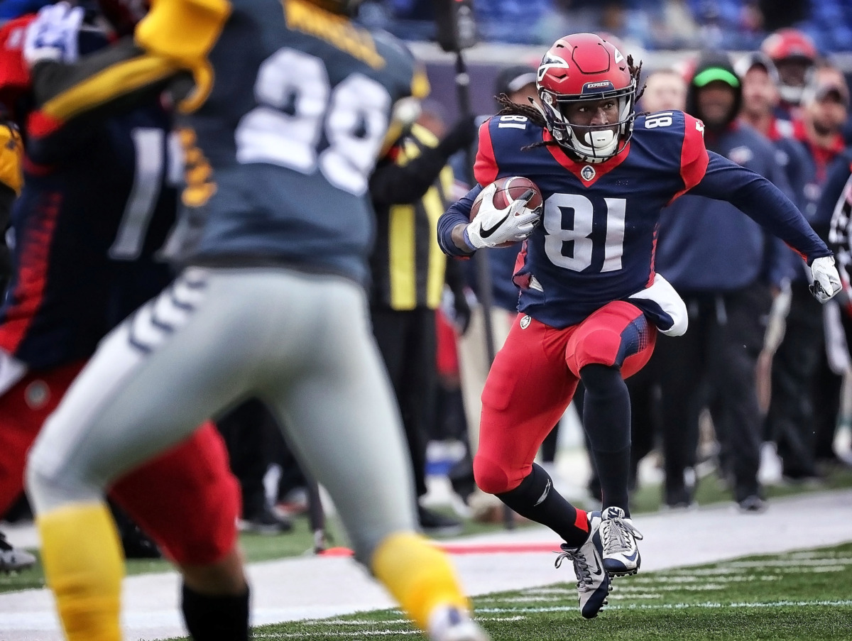 <strong>Memphis Express receiver Alton Howard looks for an opening to the endzone on a long run during the tem's AAF league game against the San Diego Fleet at the Liberty Bowl on March 2, 2019.</strong> (Jim Weber/Daily Memphian)