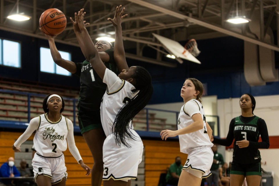 <strong>Mallory Taylor of White Station High School goes up for a shot at Bartlett High School on Saturday, Jan. 15, 2022.</strong> (Brad Vest/Special to The Daily Memphian)