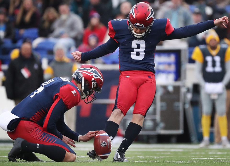<strong>Memphis Express kicker Austin MacGinnis (3) scores against the San Diego Fleet during their AFF league game at the Liberty Bowl on March 2, 2019.</strong> (Jim Weber/Daily Memphian)