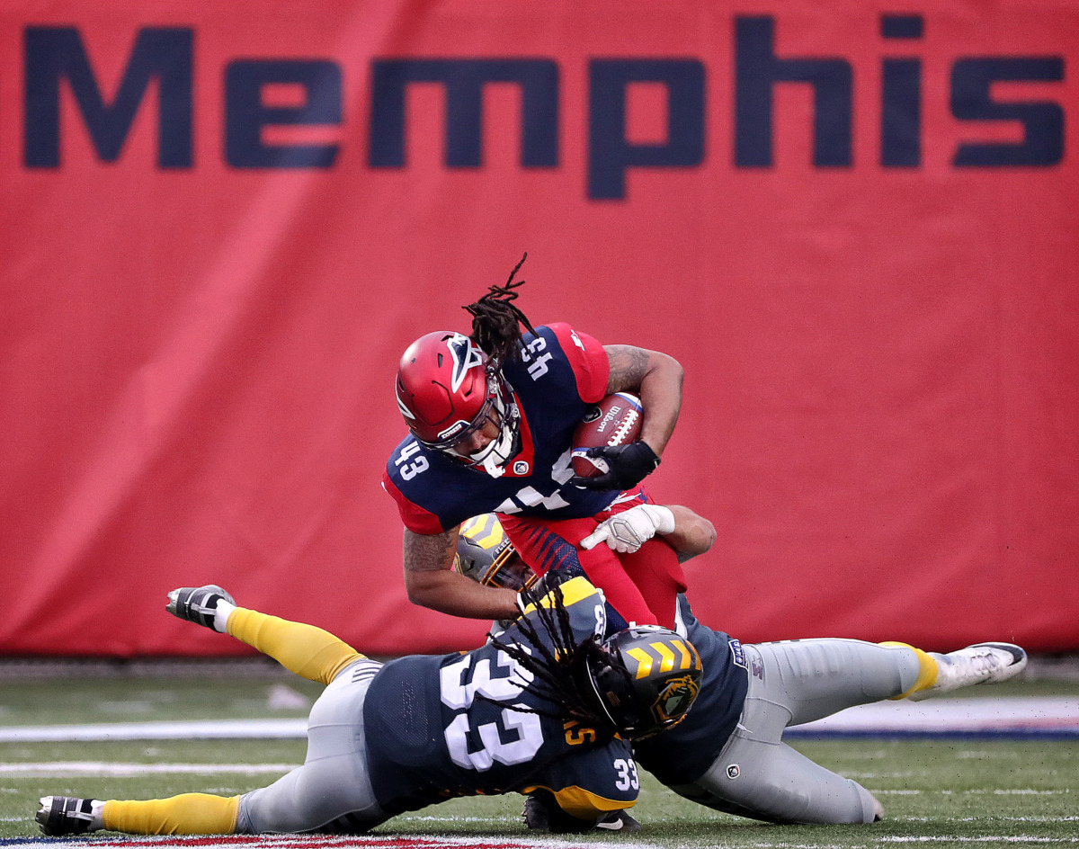<strong>Memphis Express running back Terrence Magee (43) is taken down for a short gain against the San Diego Fleet during their AAF league game at the Liberty Bowl on March 2, 2019.</strong> (Jim Weber/Daily Memphian)