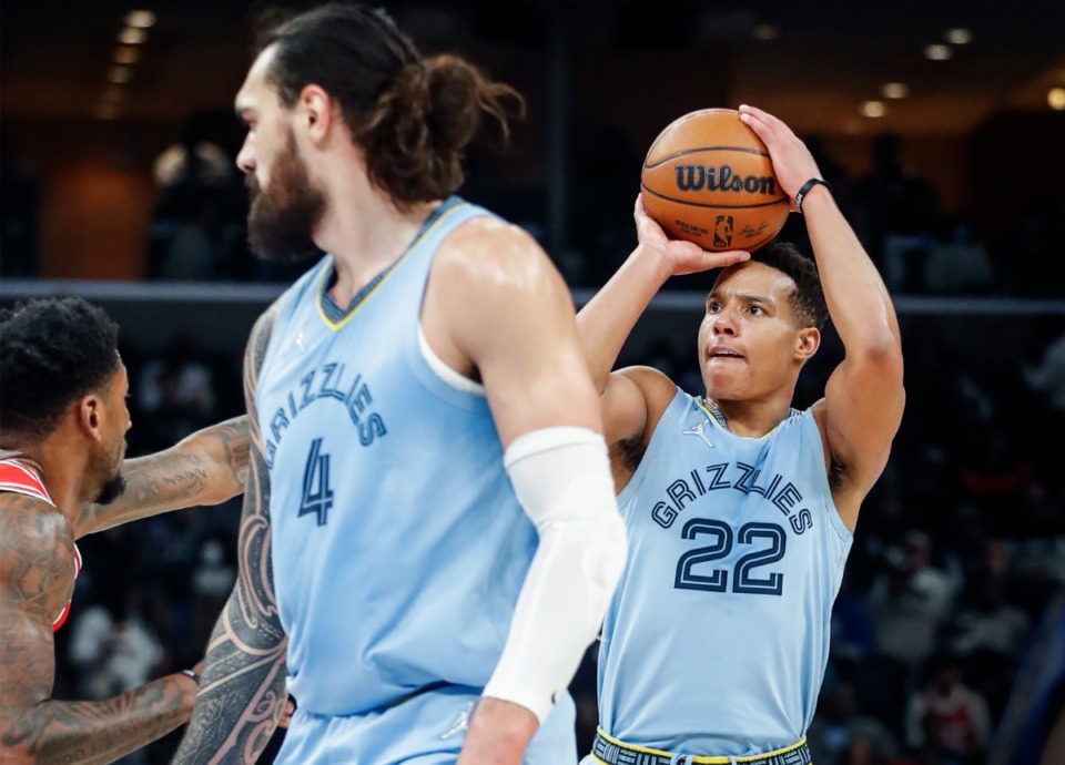 <strong>Memphis Grizzlies guard Desmond Bane (right) puts up a 3-point shot against Chicago Bulls during action on Monday, Jan. 17, 2022.</strong> (Mark Weber/The Daily Memphian)