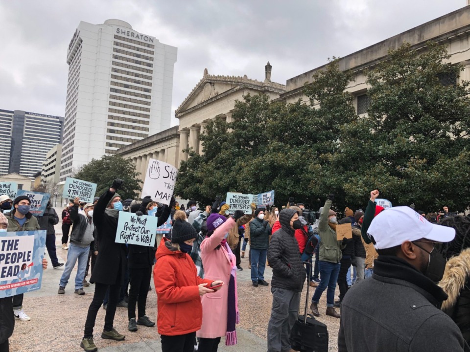 <strong>Roughly 150-200 people protested Republican redistricting proposals on Martin Luther King Jr. Day outside the State Capitol in Nashville. Republicans in the General Assembly intend to split Nashville into three congressional districts, diluting the influence of Black voters.</strong> (Ian Round/Daily Memphian)