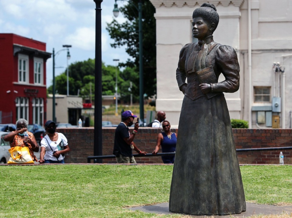 <strong>A statue of Ida B. Wells stands at the intersection of Fourth and Beale streets in Memphis on July 16, 2021.</strong> (Patrick Lantrip/Daily Memphian file)
