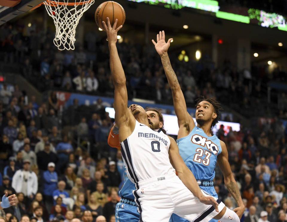 <strong><span>Memphis Grizzlies guard Avery Bradley (0) goes up to shoot around Oklahoma City Thunder guard Terrance Ferguson (23) in the first half of an NBA basketball game, Sunday, March 3, 2019, in Oklahoma City. </span></strong>(AP Photo/Kyle Phillips)