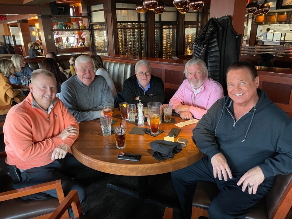<strong>The Liars&rsquo; Lunch group meets for lunch each Thursday. Members include (from left) NCAA referee John St. Clair; retired Channel 5 meteorologist Dave Brown, Dave Woloshin, the voice of the Tigers; Gibson&rsquo;s Donuts owner Don DeWeese and pro wrestler Jerry Lawler.&nbsp;</strong>(Jennifer Biggs/Daily Memphian)
