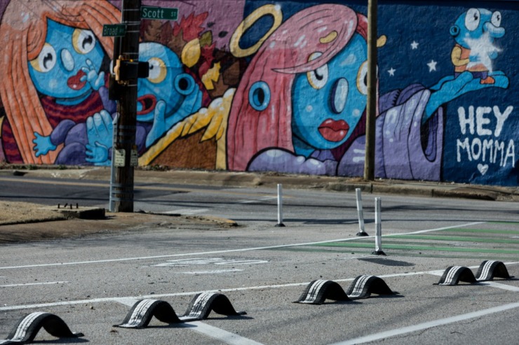 The Binghampton Development Corporation has begun installing Bike lane barriers&nbsp;along Broad Avenue. The barriers are made of repurposed illegally dumped tires. (Photo by Brad Vest for The Daily Memphian)
