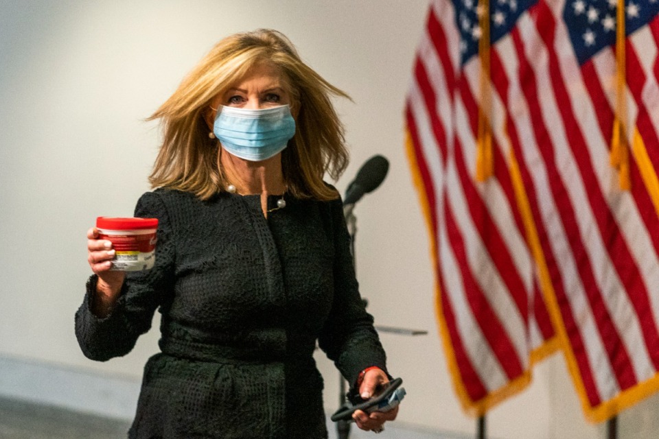 <strong>Sen. Marsha Blackburn, R-Tenn., seen here at a Republican policy luncheon,&nbsp;voted ahainst the Biden administration&rsquo;s set of federal changes to state election rules along with fellow Republican U.S. senator Bill Hagerty.</strong> (AP Photo/Manuel Balce Ceneta file)