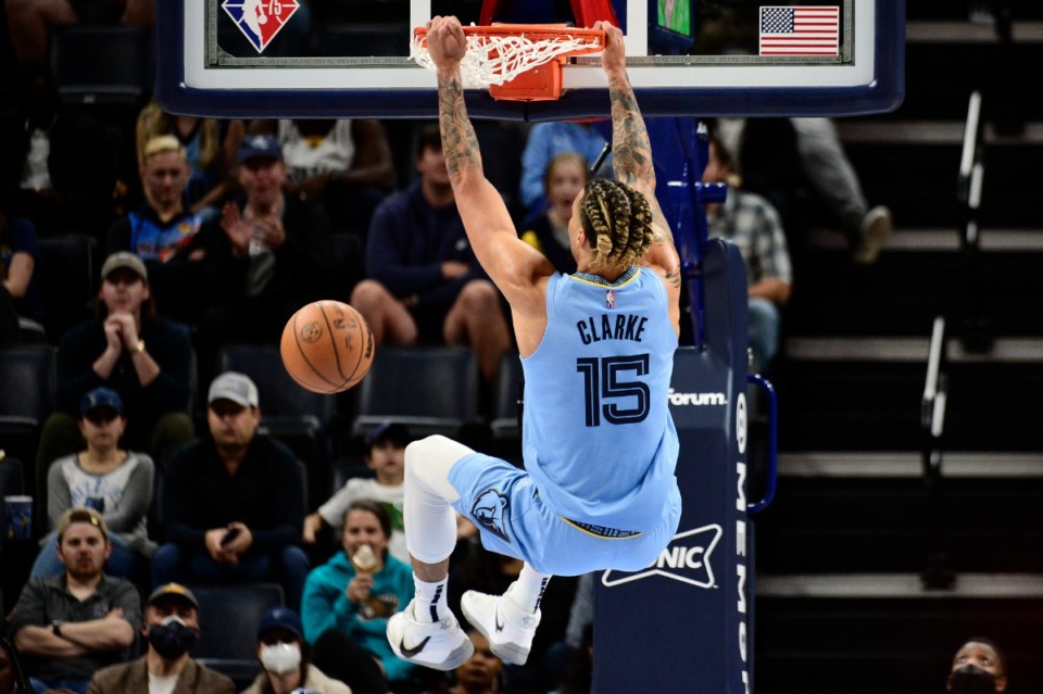<strong>Memphis Grizzlies forward Brandon Clarke, shown here dunking during a December 2021 game against the Oklahoma City Thunder, is playing at the fastest pace in the NBA, per advanced metrics.</strong> (AP Photo/Brandon Dill)