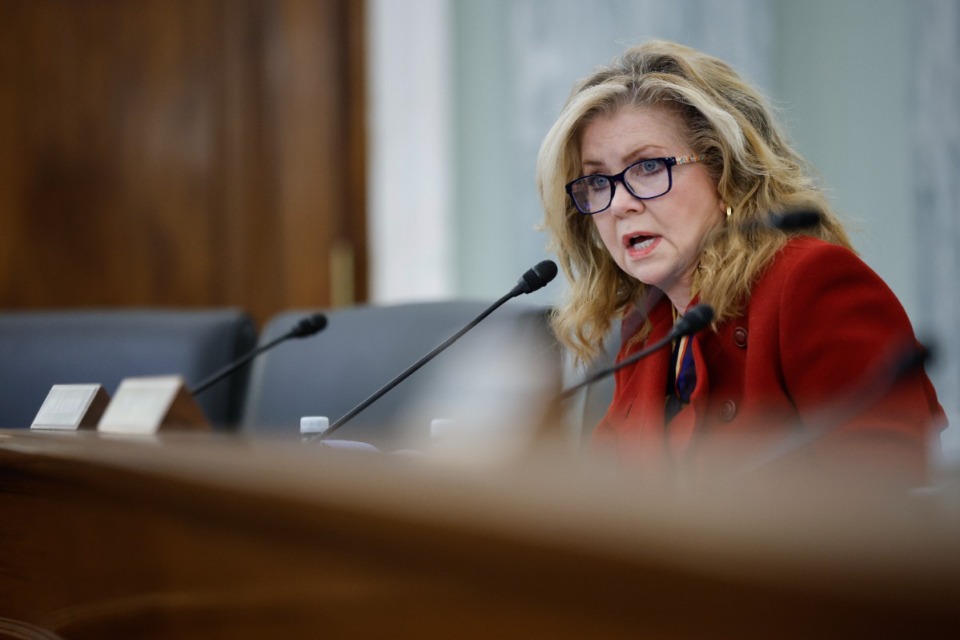 <strong>Sen. Marsha Blackburn, R-Tenn., speaks during a Senate Commerce, Science, and Transportation in the Russell Senate Office Building on Capitol Hill on Wednesday, Dec. 15, 2021 in Washington.</strong> (Chip Somodevilla/Pool via AP)