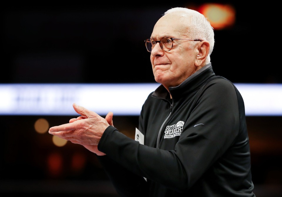 <strong>University of Memphis assistant coach Larry Brown claps on Jan. 27 in the game against ECU.</strong> (Patrick Lantrip/Daily Memphian)