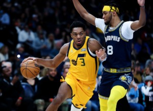 <strong>Memphis Grizzlies forward Ziaire Williams defends against Utah Jazz guard Trent Forrest on Friday, Jan. 28, at FedExForum.</strong> (Patrick Lantrip/Daily Memphian)