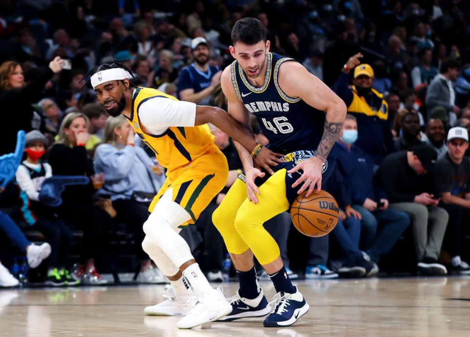 <strong>Memphis Grizzlies forward John Konchar (46) steals the ball from Mike Conley (11) on Jan. 28 in the game against the Utah Jazz.</strong> (Patrick Lantrip/Daily Memphian)