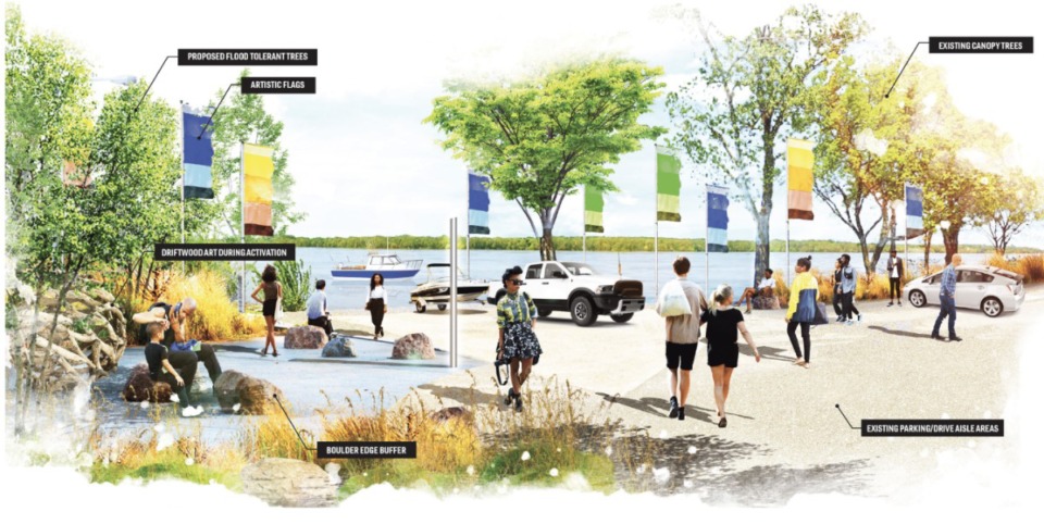 <strong>A perspective sketch of Greenbelt Landing. Plans for the landing include access to the riverfront and space for short-term gatherings.</strong> (Courtesy Waterfront District proposal)