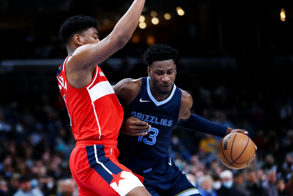 <strong>Memphis Grizzlies forward Jaren Jackson Jr. (13) brings the ball up the court during a Jan. 29, 2022 game against the Washington Wizards.</strong> (Patrick Lantrip/Daily Memphian)