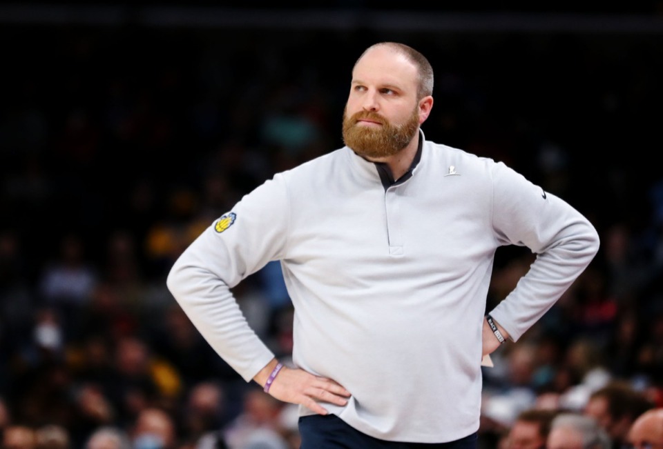 <strong>Memphis Grizzlies coach Taylor Jenkins watches his team during a Jan. 29, 2022 game against the Washington Wizards.</strong> (Patrick Lantrip/Daily Memphian)