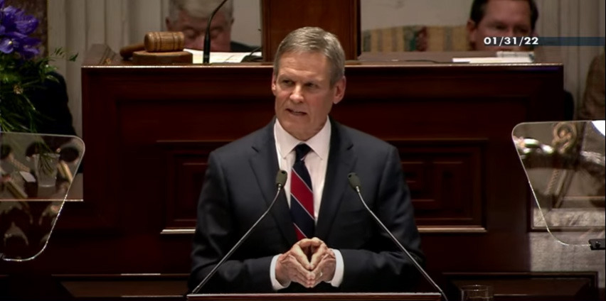 <strong>Tennessee Gov. Bill Lee makes a point during his State of the State speech on Monday, Jan. 31.</strong> (Screenshot from General Assembly website livestream.)