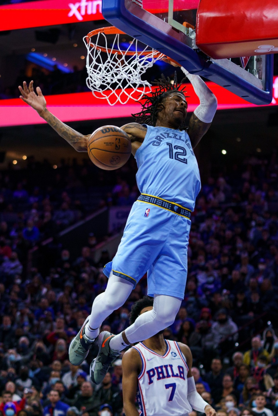 <strong>Memphis Grizzlies' Ja Morant (12) dunks against the Philadelphia 76ers on Monday, Jan. 31, 2022,</strong> in Philadelphia. (Chris Szagola/AP)