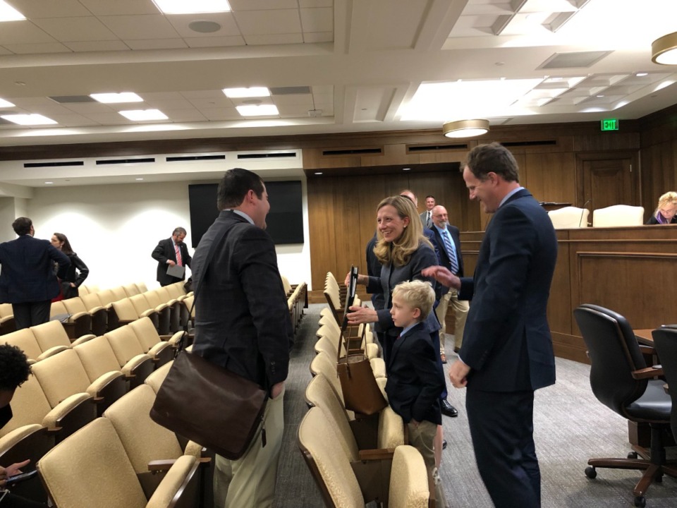 <strong>Sarah Campbell, Gov. Bill Lee&rsquo;s pick for the Tennessee Supreme Court, speaks to a friend after the Senate Judiciary Committee moved her nomination forward.</strong> <strong>Campbell would replace the late Judge Cornelia Clark, who died last fall.</strong> (Ian Round/Daily Memphian)