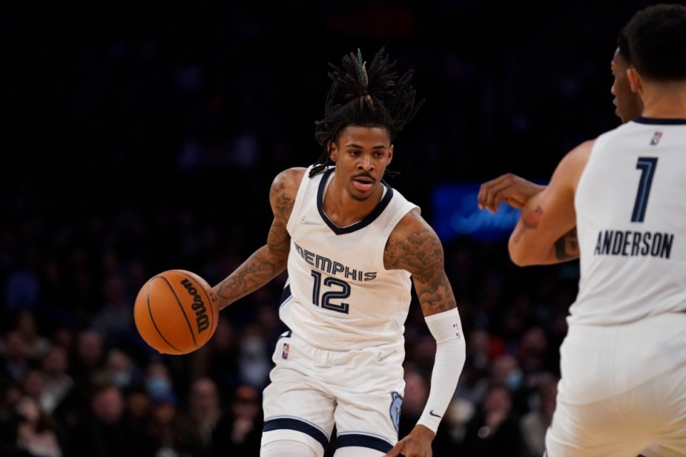 <strong>Memphis Grizzlies' Ja Morant during the second half of an NBA basketball game against the New York Knicks, Wednesday, Feb. 2, 2022, in New York. The Grizzlies defeated the Knicks 120-108.</strong> (AP Photo/Seth Wenig)