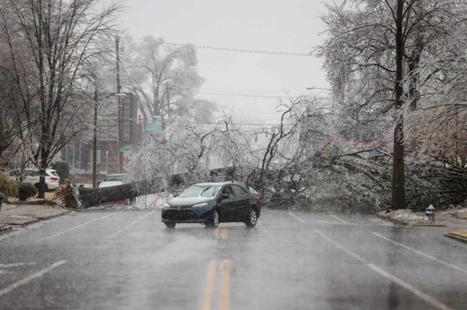 <strong>A car drives by a fallen tree on Cooper Street, near Madison Avenue, as freezing rain covers trees on Thursday.</strong> (Mark Weber/The Daily Memphian)