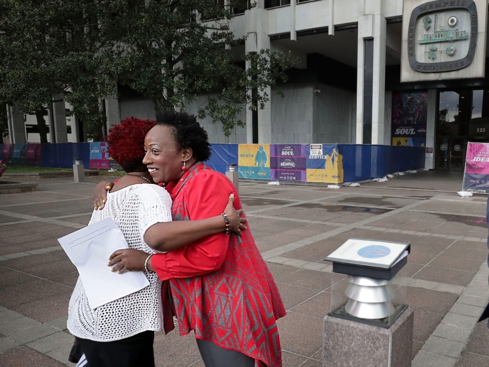 <strong>Pamela Moses (second from left) was a hopeful for the mayor&rsquo;s race on May 1, 2019, when she attended a May Day Rally outside City Hall.</strong> (Jim Weber/The Daily Memphian file)