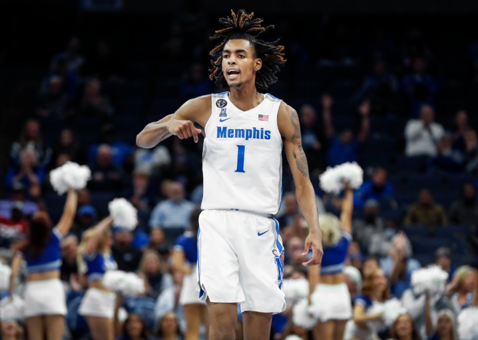 <strong>Memphis Tigers guard Emoni Bates (in a Nov. 16, 2021 file photo) has reportedly grown an inch and half since October and traveled to Michigan to see a back specialist.</strong> (Mark Weber/The Daily Memphian)