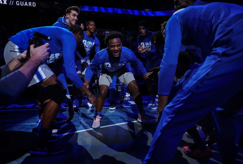 <strong>University of Memphis guard Alex Lomax is introduced before a Feb. 5, 2022 game at FedExForum.</strong> (Patrick Lantrip/Daily Memphian)