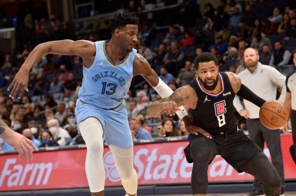 <strong>Memphis Grizzlies forward Jaren Jackson Jr. (13) guards Los Angeles Clippers forward Marcus Morris Sr. (8) on Feb. 8, 2022, at FedExForum. Jackson scored 26 points, including 9 out of 9 at the free throw line.</strong>&nbsp;(Brandon Dill/AP)